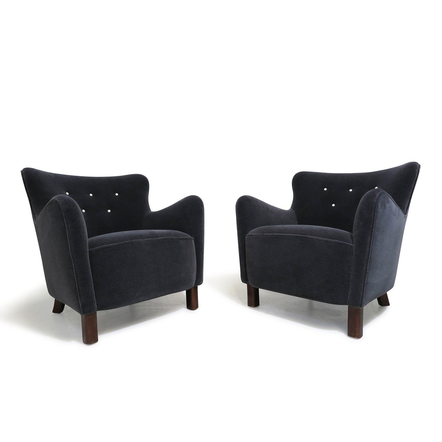 1930s #scandinavian lounge chairs by Frits Hansen, Odense, #denmark . #handcrafted with solid wood frames featuring eight-way hand-tied copper springs, horsehair, and #cotton padding. Newly #upholstered in #112 Slate #mohair by Maharam with a button 