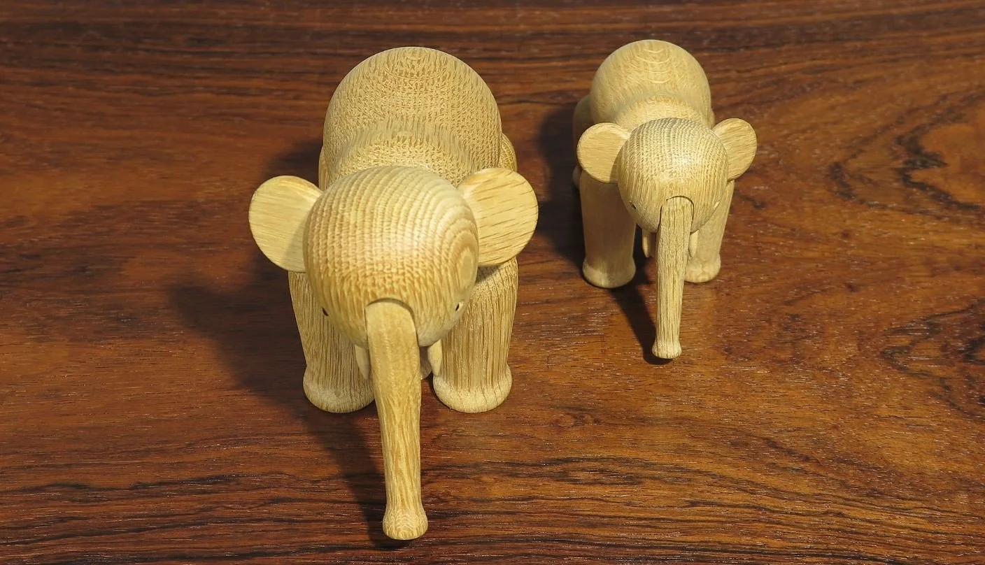 Pair Kay Bojesen White Oak Elephants, Iconic Danish Wooden Toy