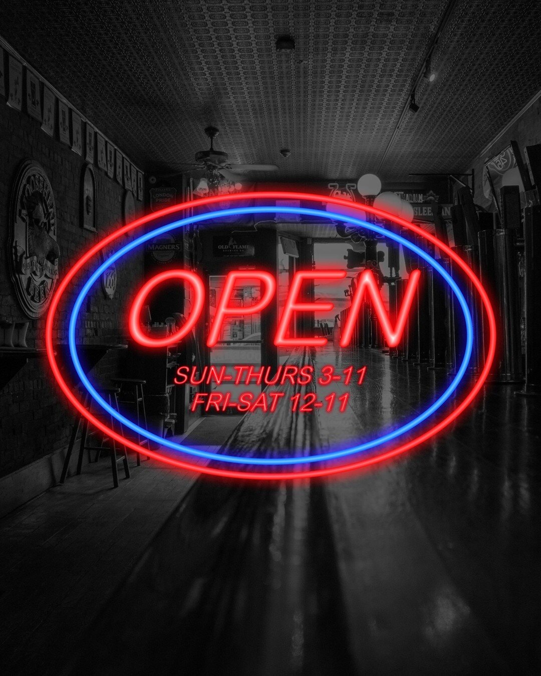 🚨🚨🚨OPEN TODAY AT 3PM🚨🚨🚨

We will be open the following hours going forward:

SUN - THURS 	3-11
FRI - SAT 12-11

We will still be doing takeout for food and alcohol through our website