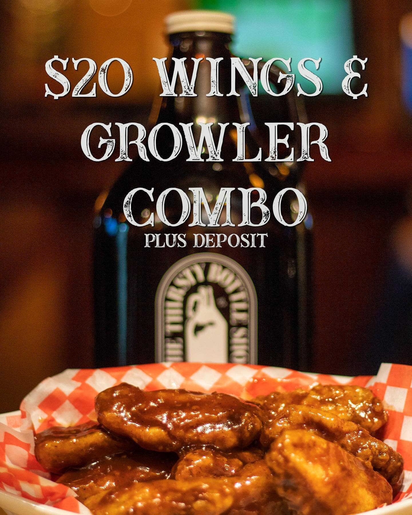 🚨🚨 WING &amp; GROWLER SPECIAL 🚨🚨

1lb of wings &amp; either a 64oz domestic growler or a 32oz craft growler for $20 + $5 bottle deposit 

Available only through our website or call 7057432220