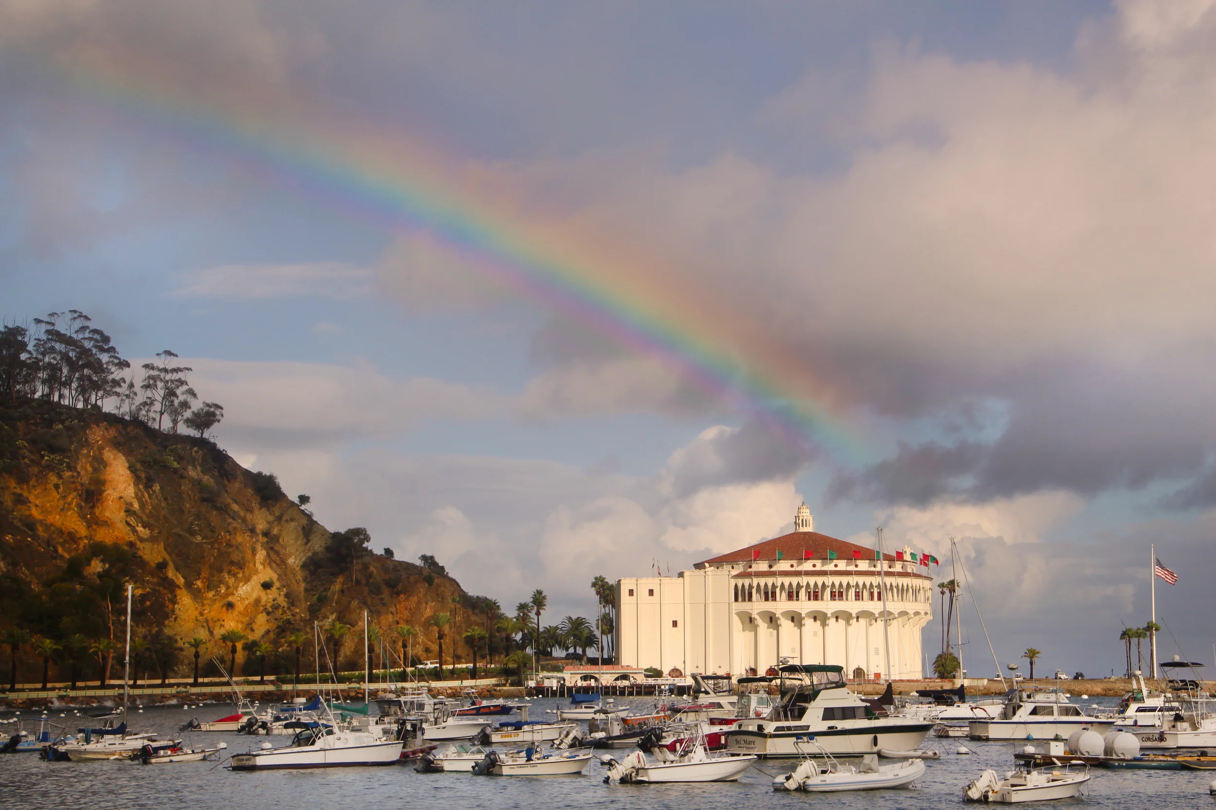 A winter rainbow provides a magical backdrop above the historic Avalon Casino on Catalina Island. Photo: Joanne DiBona 