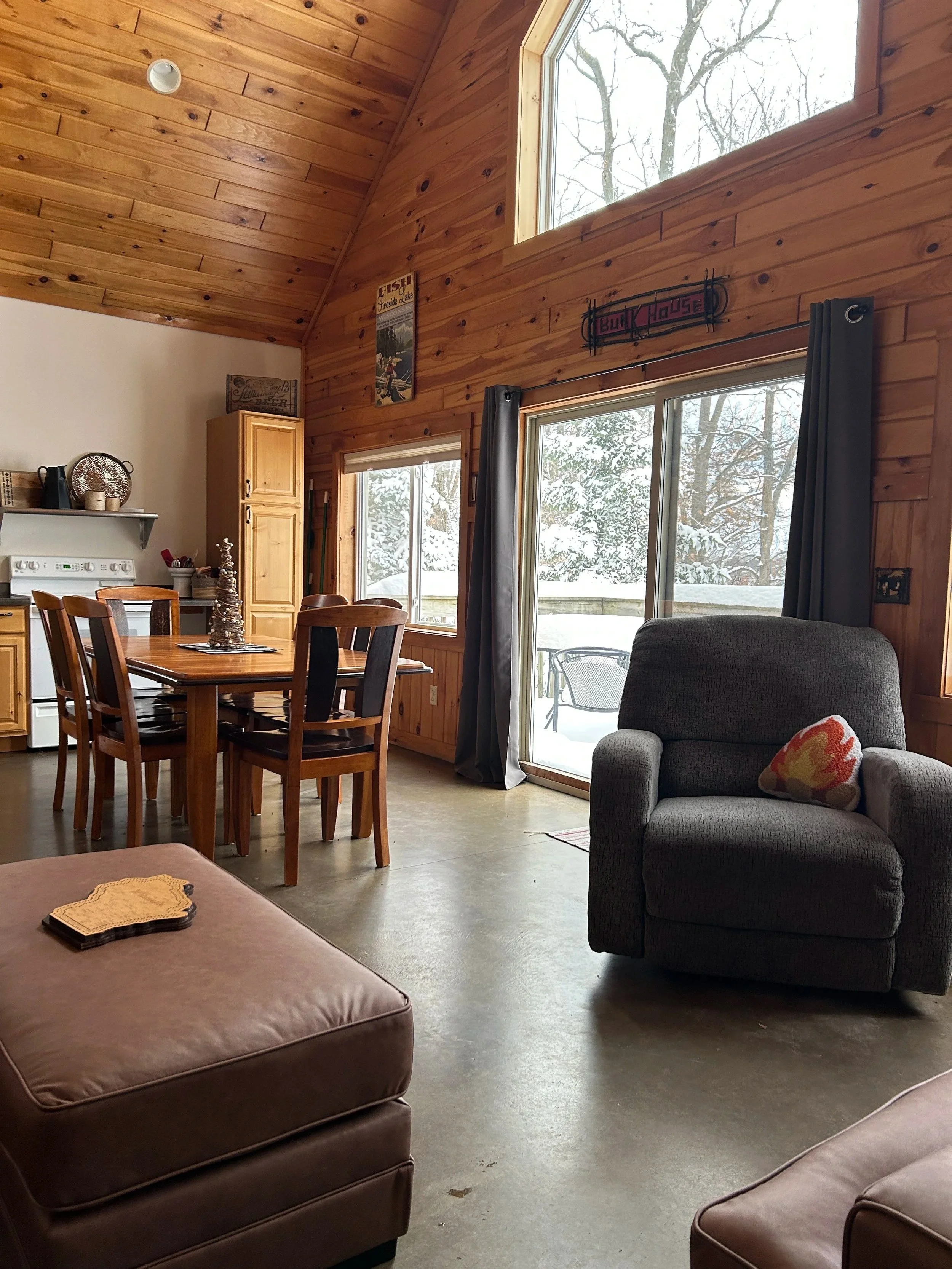 Lake View cabin’s patio door to deck that overlooks the beach area/lake 