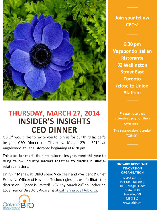 Dr. Arun Menawat, OBIO Board Vice Chair and President & Chief Executive Officer of Novadaq Technologies Inc. will facilitate the discussion.