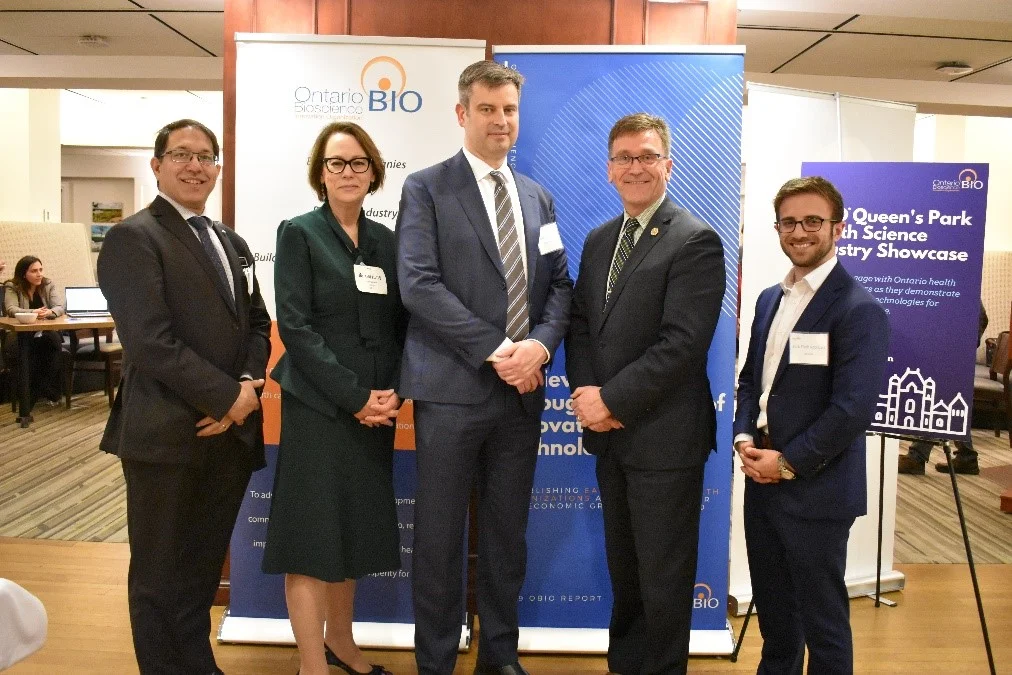 At OBIO's 2019 Queen's Park Advocacy Day. Pictured left to right: Amol Karnick, KA Imaging, Gail Garland, OBIO, Brian Courtney, Conavi Medical, Hon. Bill Walker, Minister of Government and Consumer Services, and Zack Fisch-Rothbart, CoHealth.