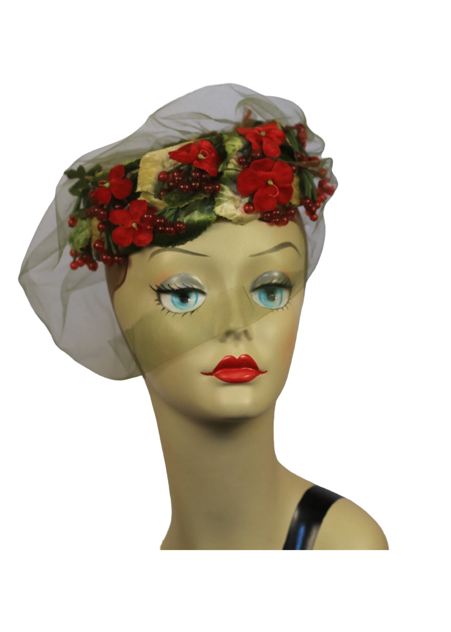 Vintage 1960s Floral Hat with Green Net 