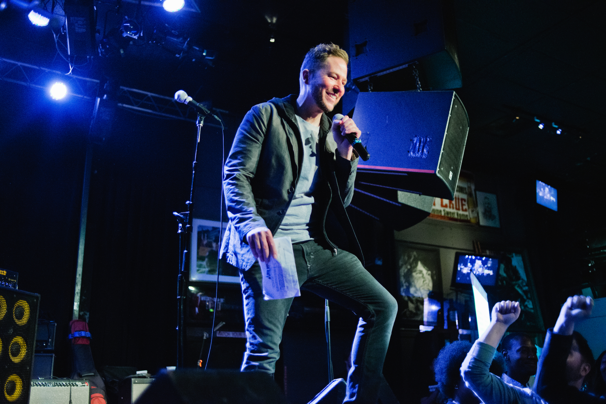 We were psyched to have KROQ's Stryker back hosting Law Rocks LA. Prone to impromptu interviews with band members, here he interacts with the crowd at the Whisky.