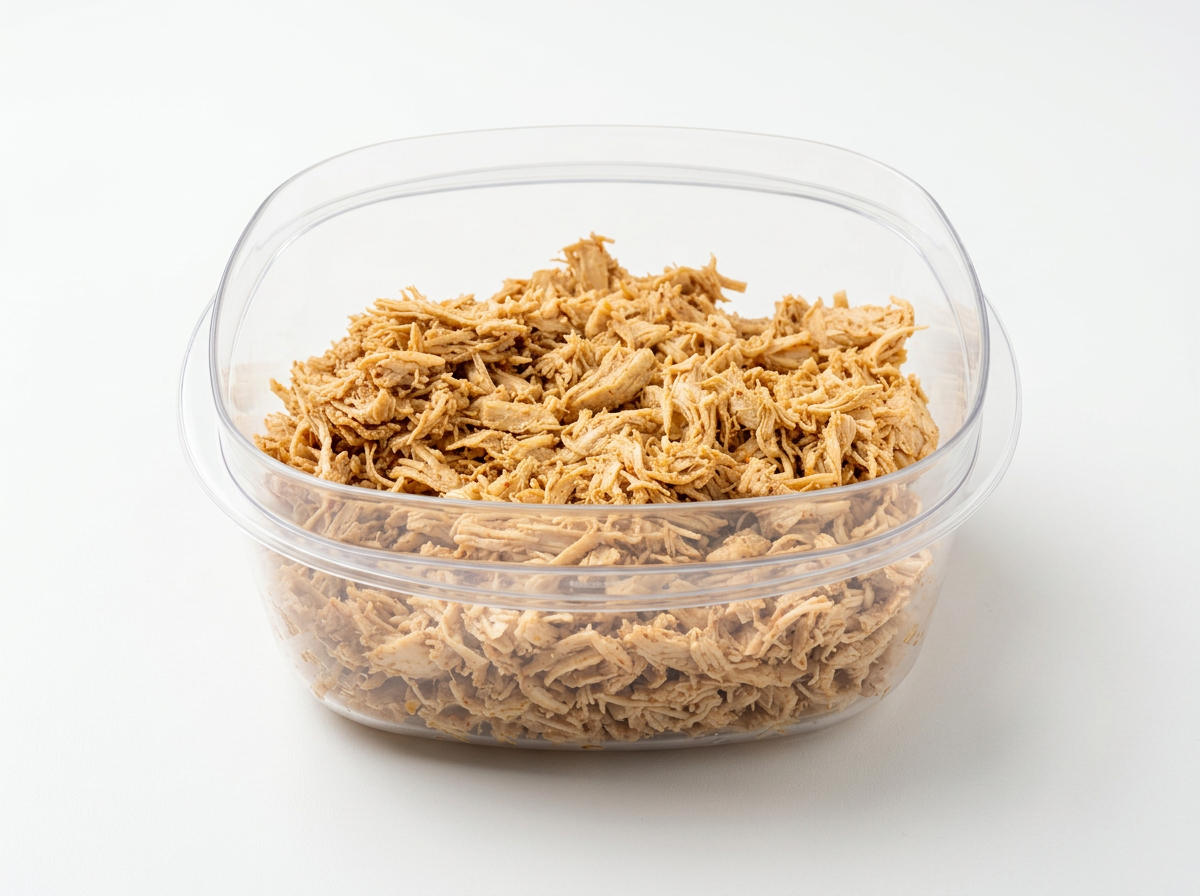 Large clear container of seasoned shredded chicken