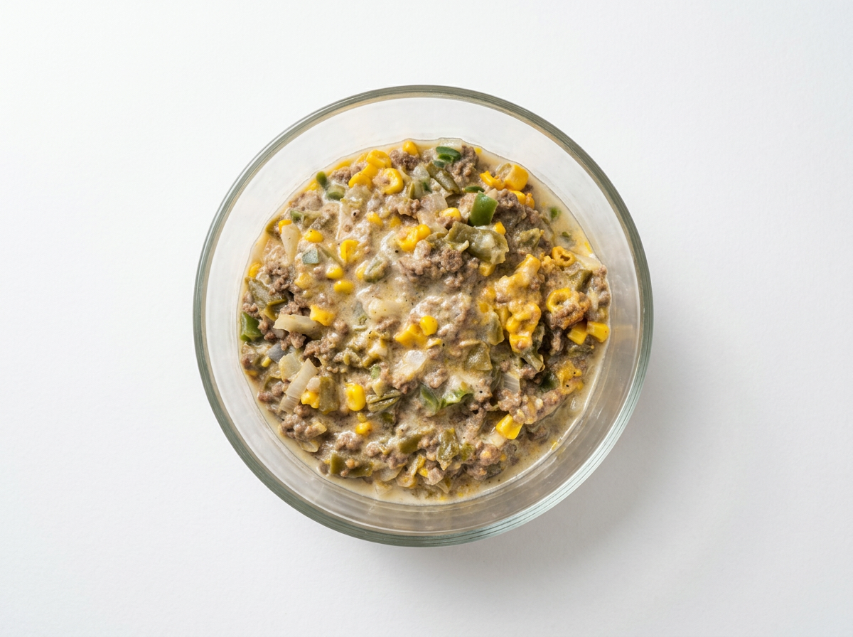 Glass bowl of a creamy ground beef dish with corn and jalapeños