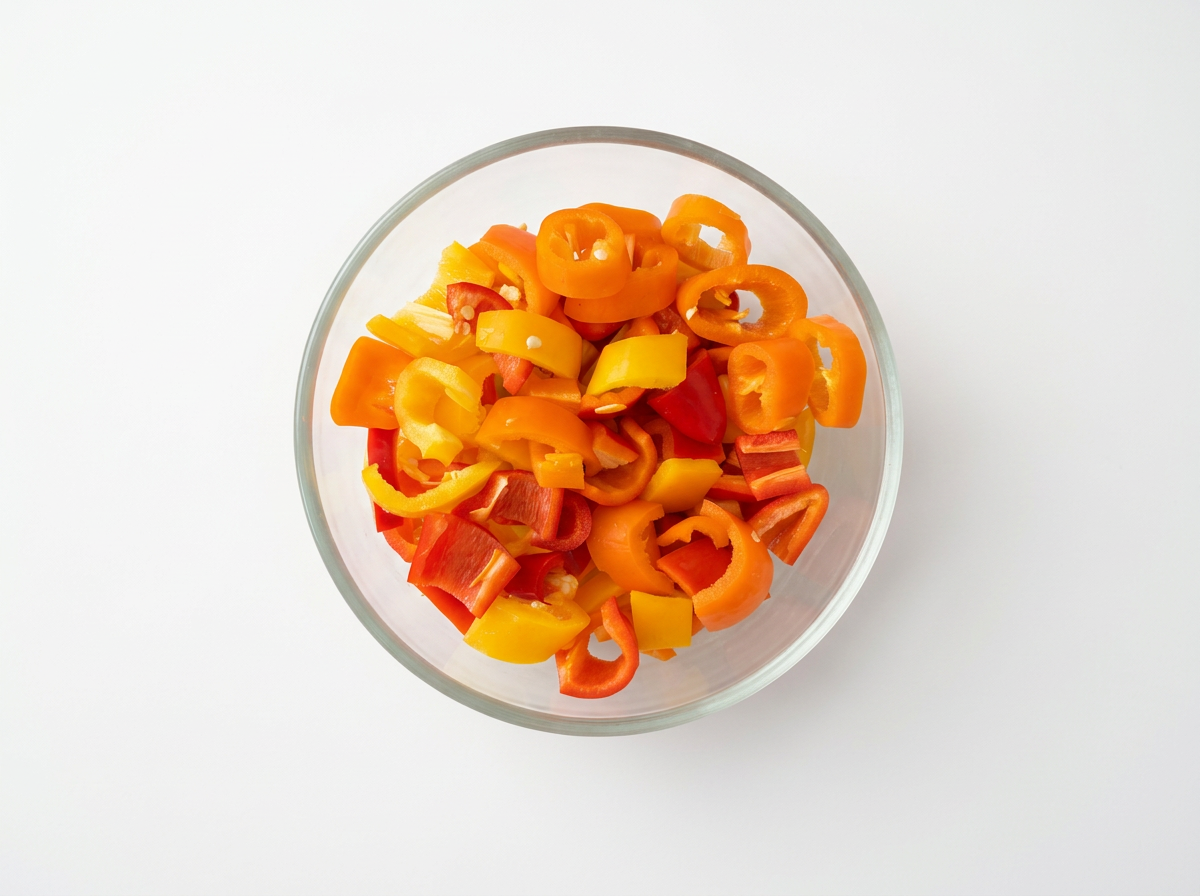 Overhead view of a glass bowl of chopped red, orange, and yellow bell peppers
