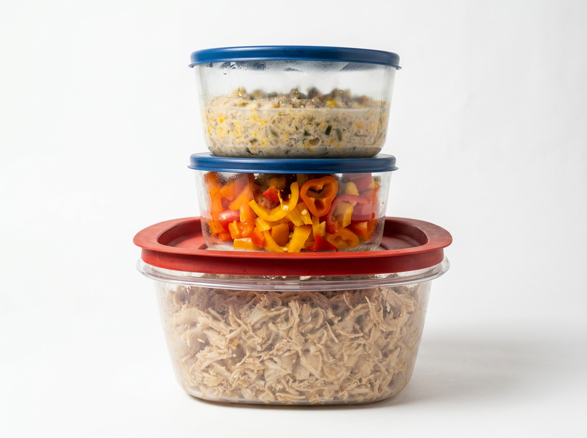 Three mismatched food containers stacked, holding shredded chicken, chopped peppers, and a ground beef and corn dish