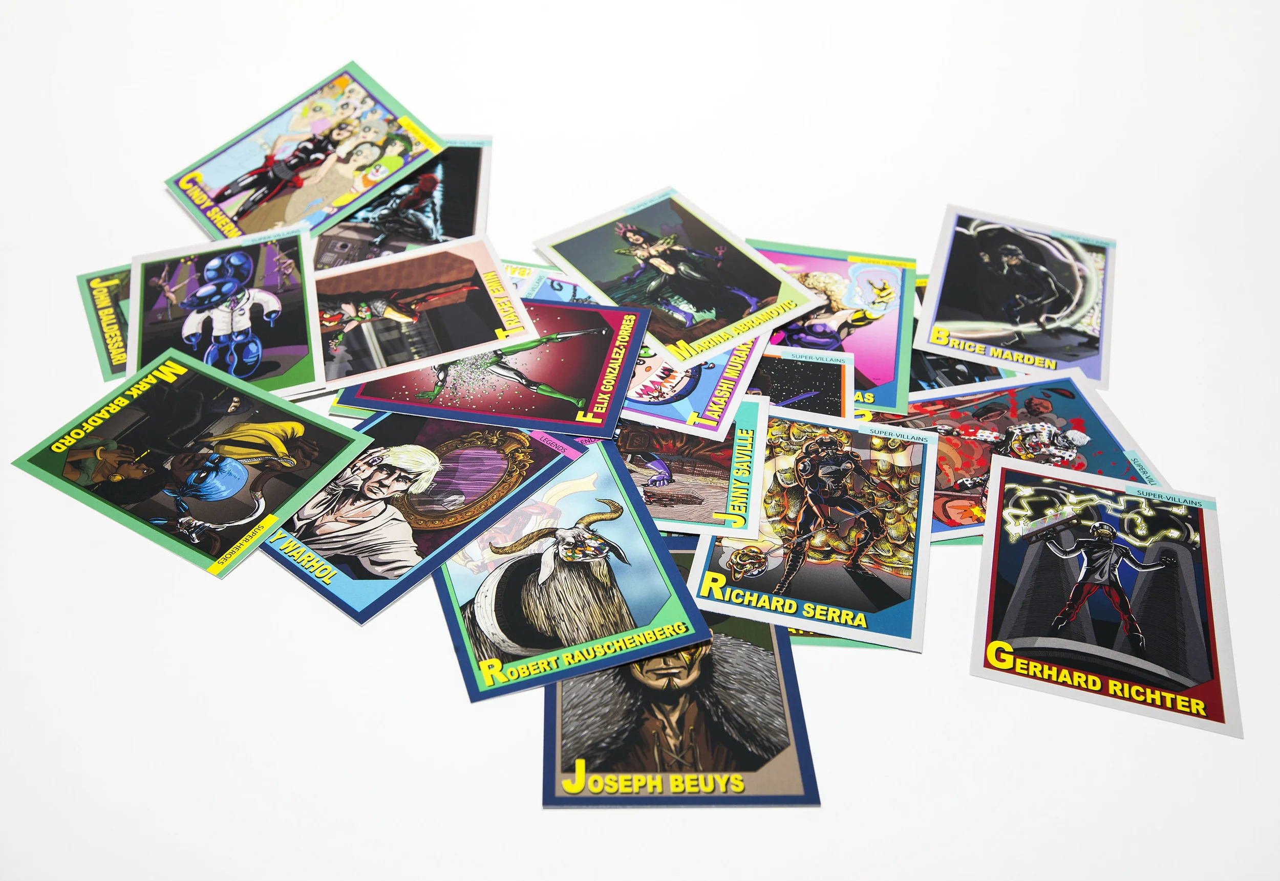 30 different card designs, including 12 heroes, 12 villains, 5 legends, and 1 attributes/checklist card
