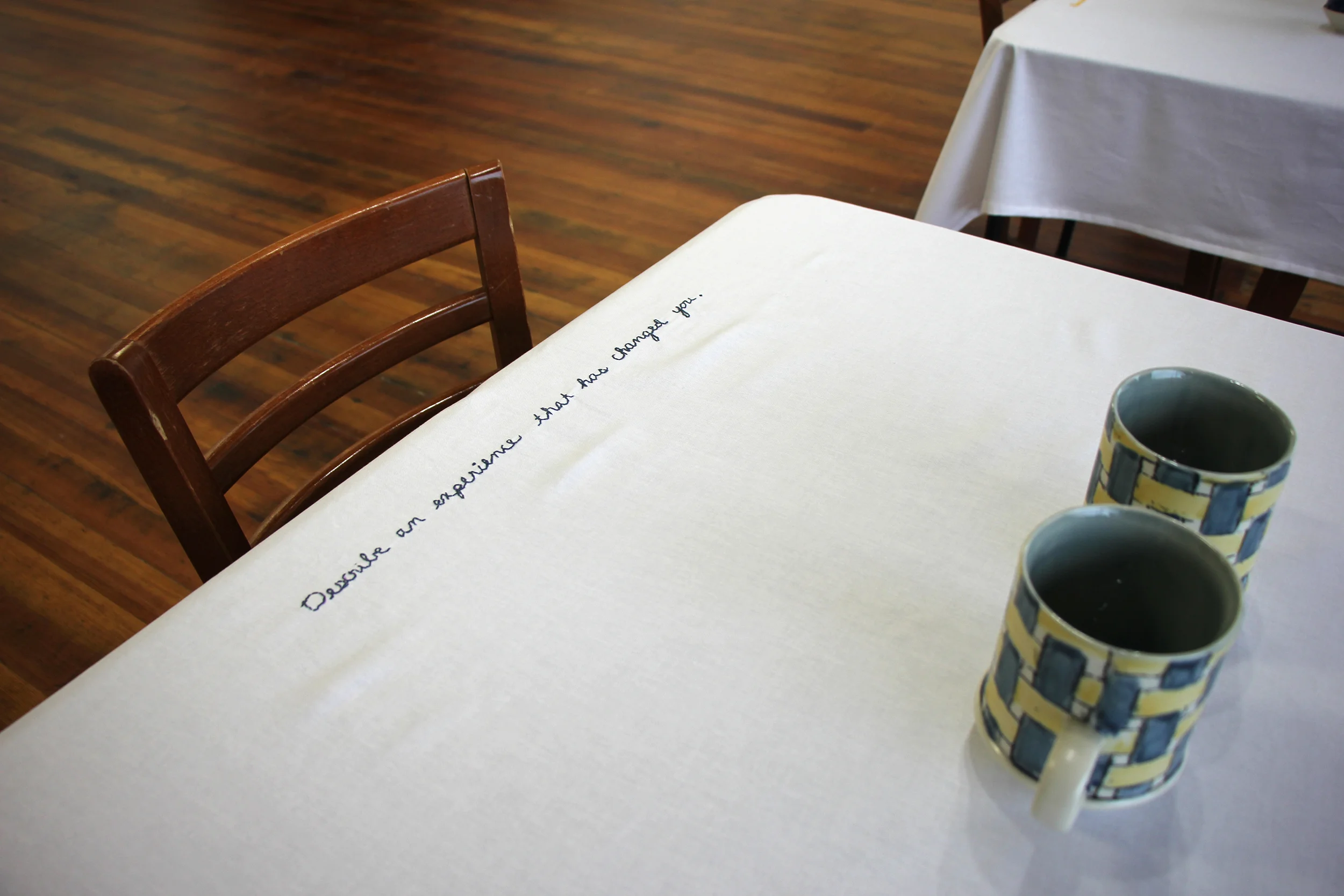  Each set of mugs will always be used over the same tablecloth, designated by the color of thread and the patterns on the pots. 