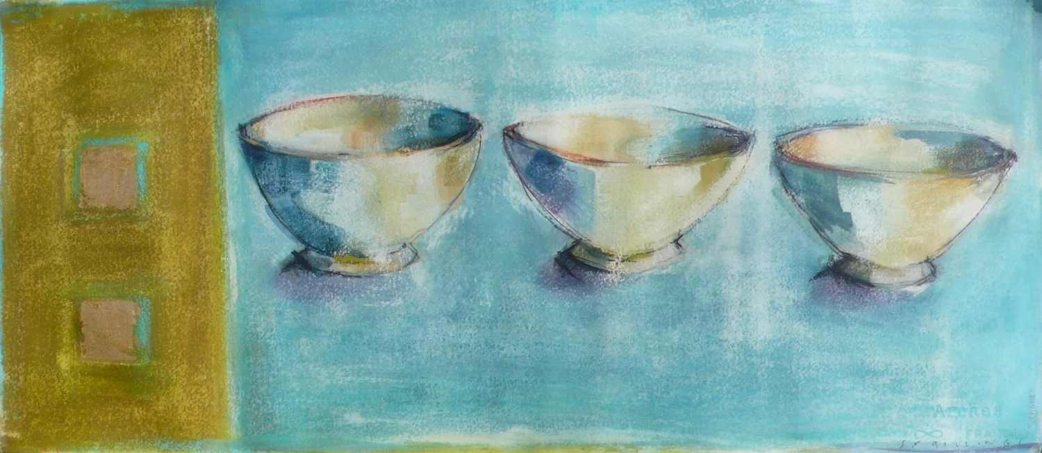  THREE BOWLS IN BLUE &nbsp;12" x 30" 