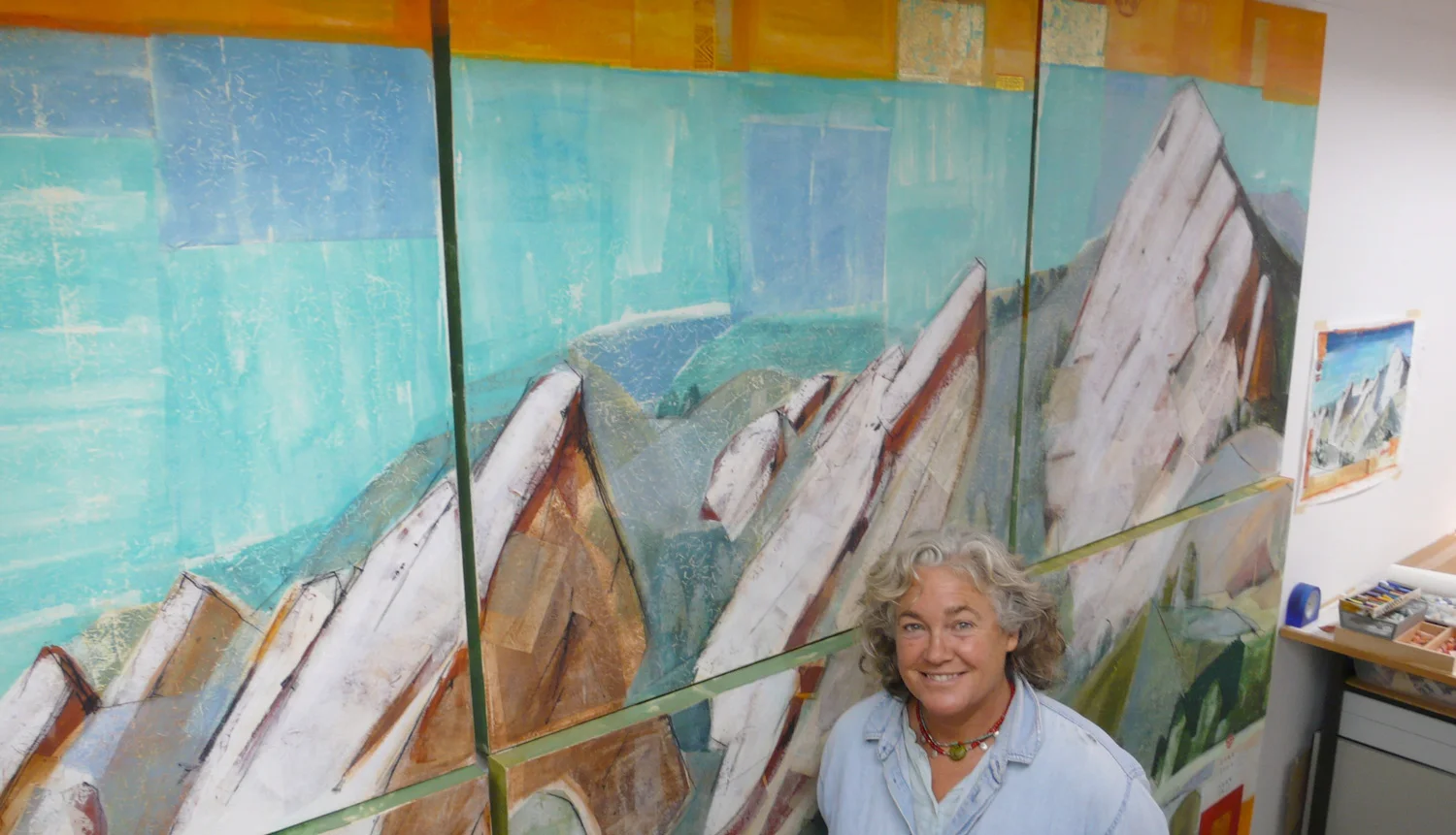  WINTER FLATIRONS: final details and design elements get collaged onto painting 