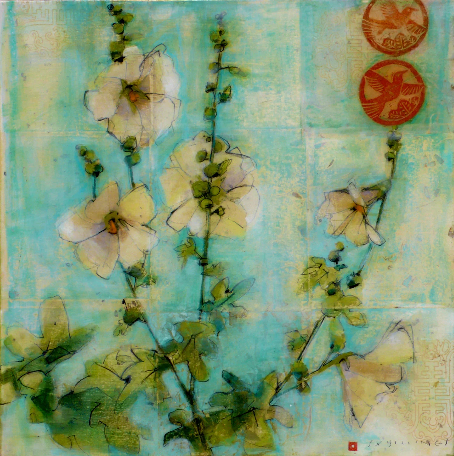  blue hollyhocks &nbsp;24" x 24" 