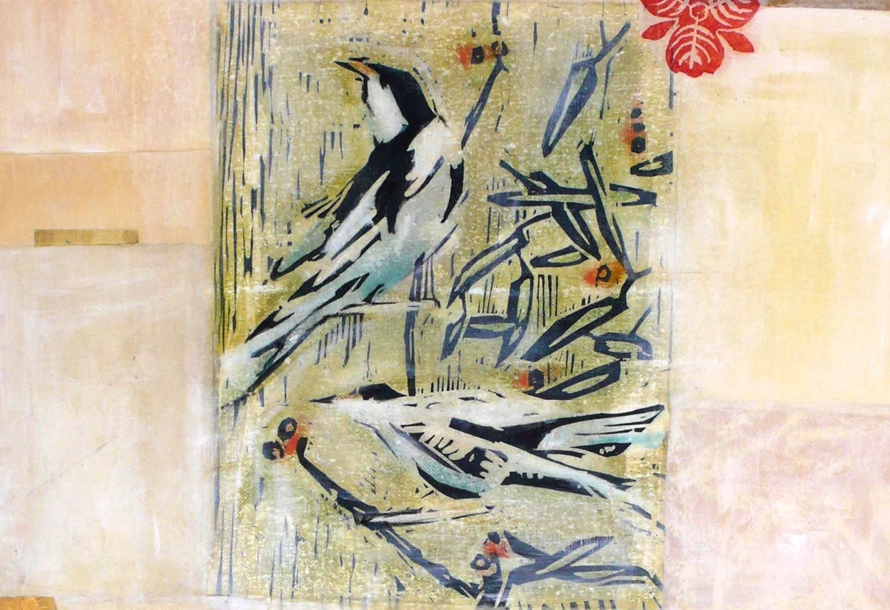  BIRDS BLACK &amp; WHITE: &nbsp;collage woodcut 