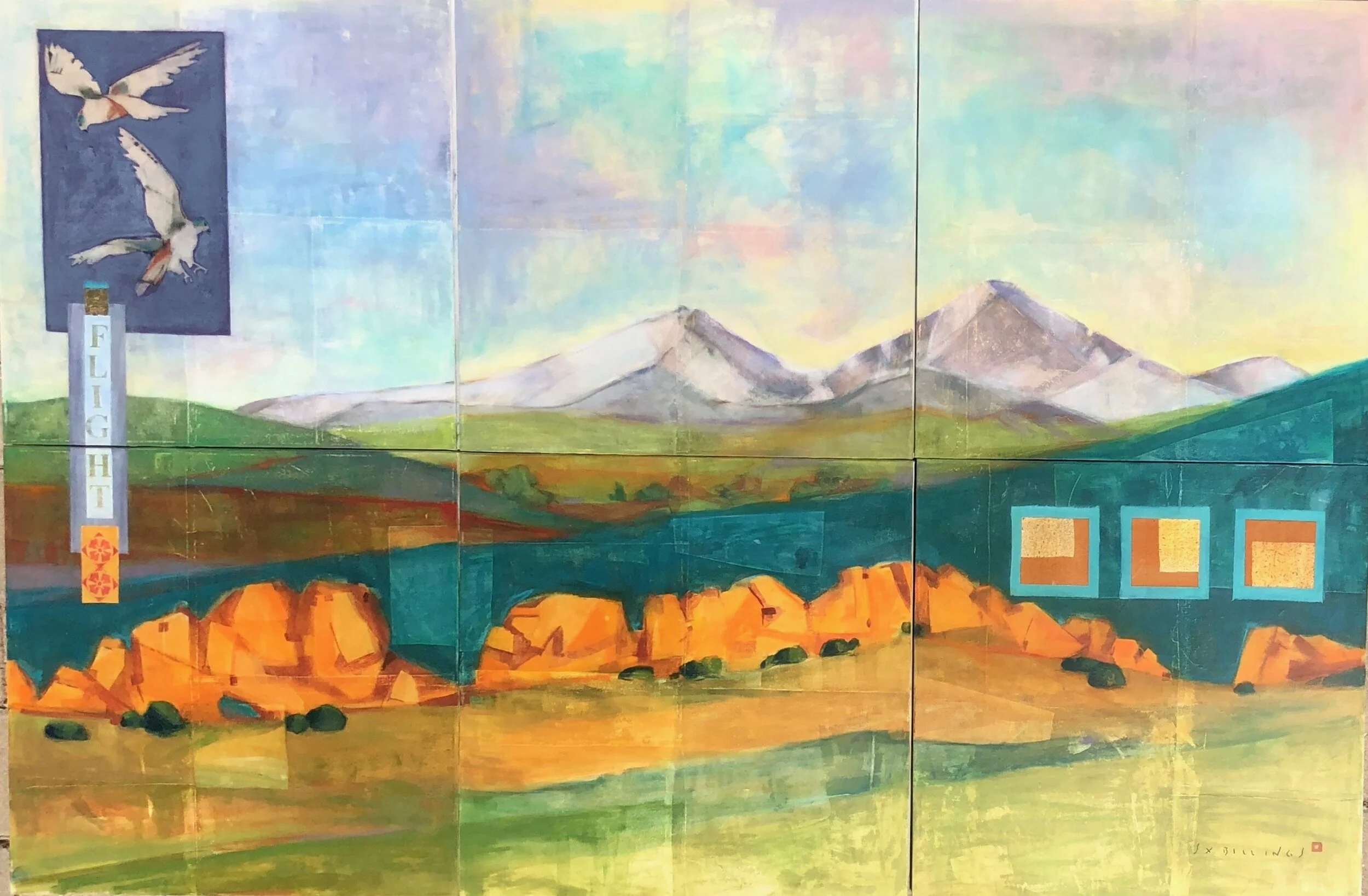  FLIGHT: 90” X 60” six panel multi media collage of Devils Backbone formation near Loveland Colorado for private home.   