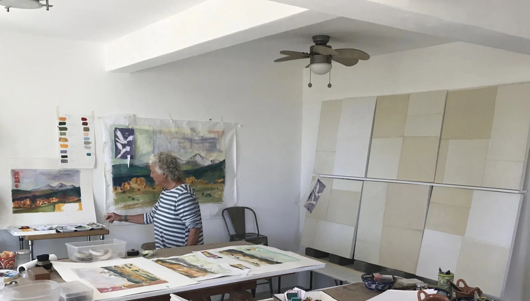  FLIGHT: 90” x 60”  in progress: rice papers bonded with acrylic medium to canvas - studies in the foreground 