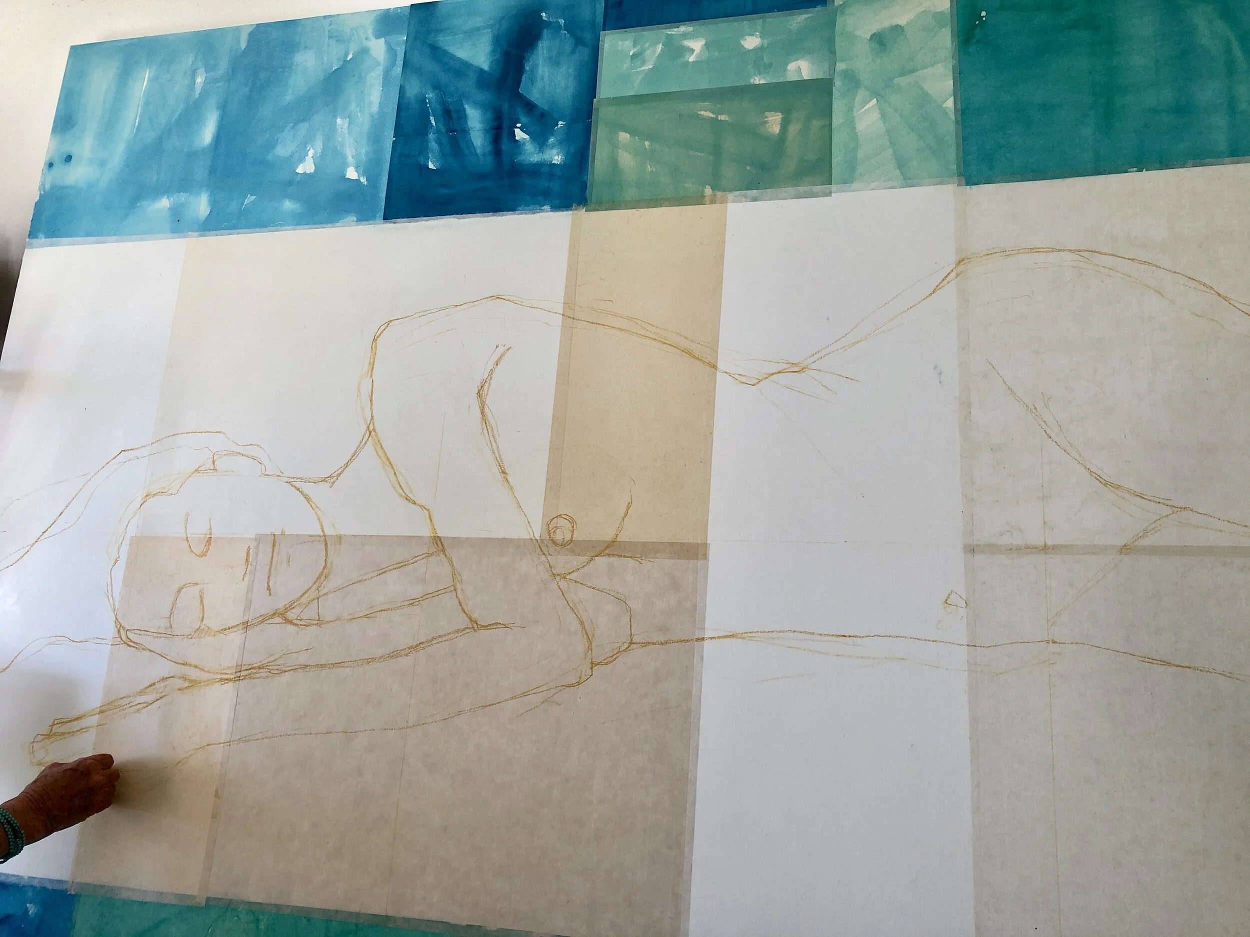  LA SIRENA: rice papers on canvas with watercolor border and conte crayon under drawing 