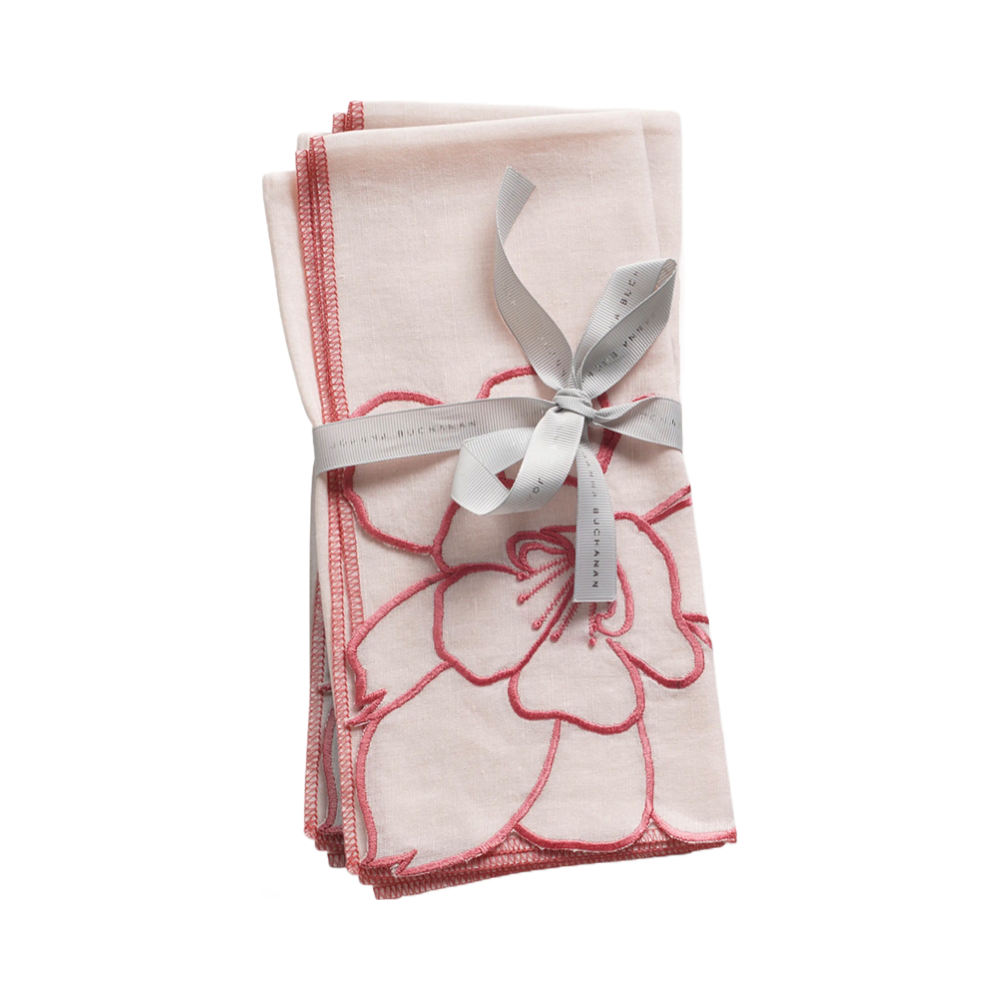 Pink Peony Embroidered Dinner Napkins