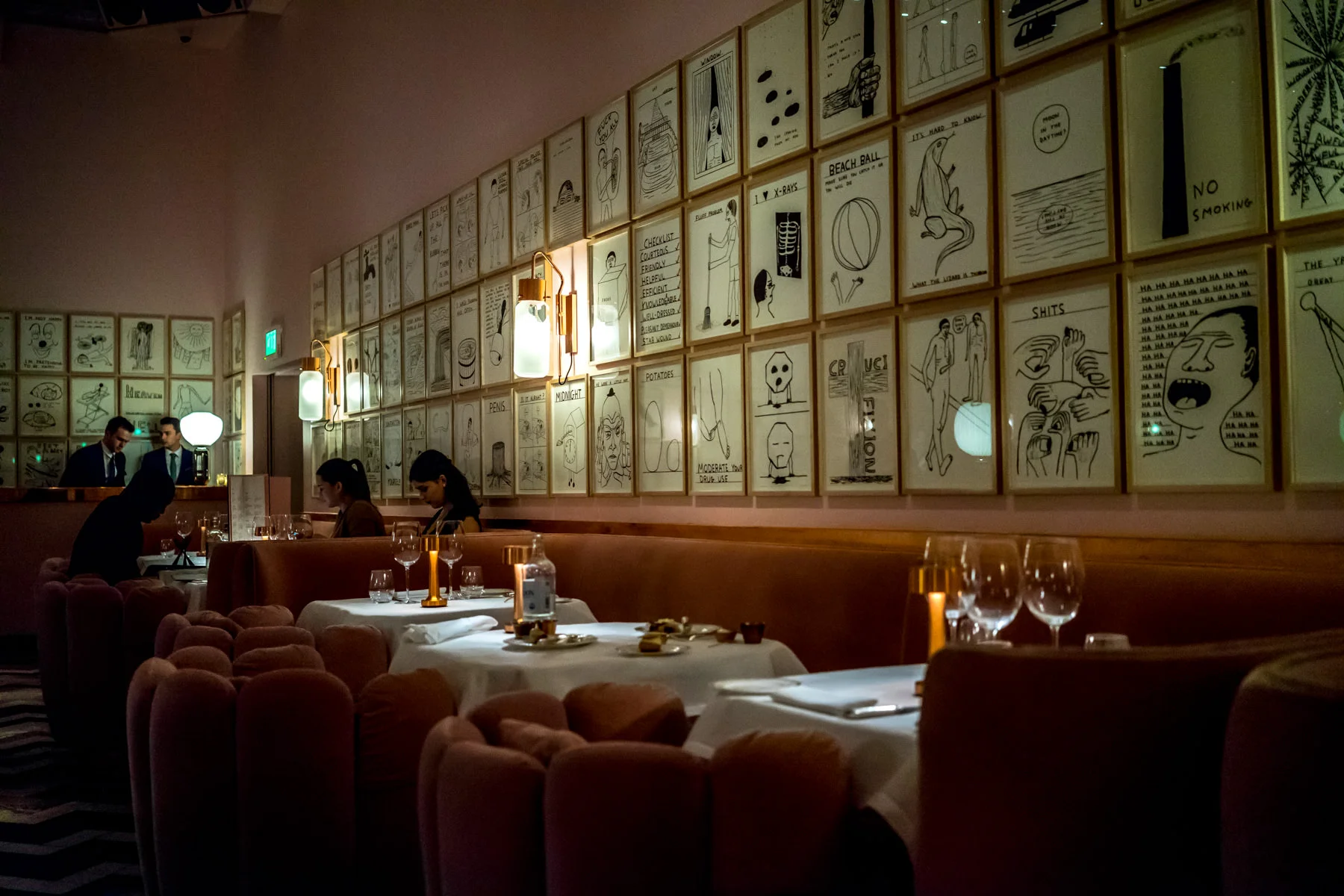 Every illustration, piece of furniture and decor element you see is the direct result of David Shrigley's creative jurisdiction. According to our waiter, each illustration will sell for $2500 a pop once the room is taken down later this year. 