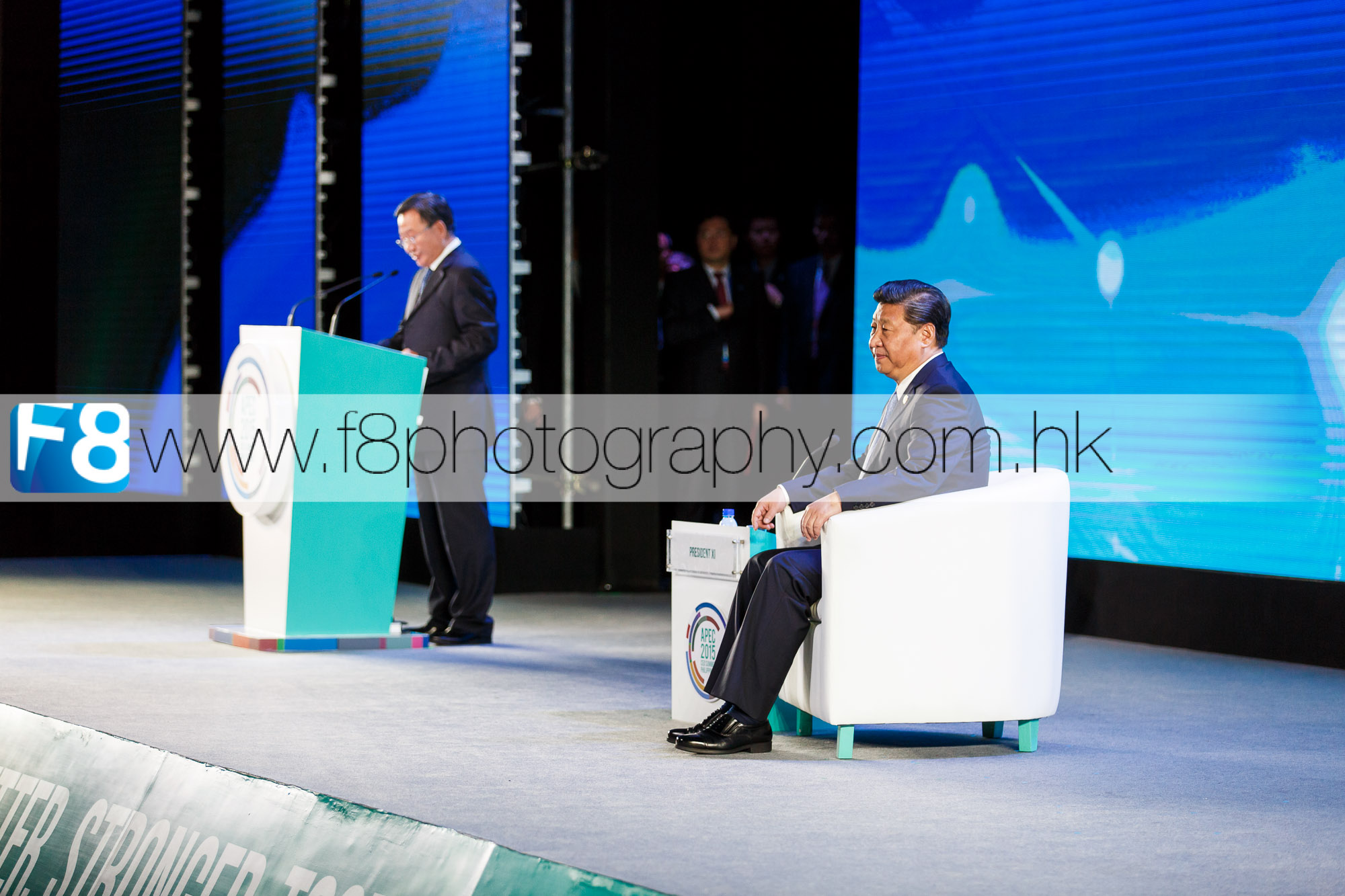 President of China Mr Xi Jinping being introduced to the crowd before his speech. 