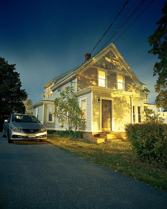 My favorite photo from junior color studio crit #2! I just wish the car wasn't there... 5 minute exposure #house #glow #warm #night #stars #suburban #robertadams #summernightswalking #color #120film #mamiya #mamiyarz67 #rz67