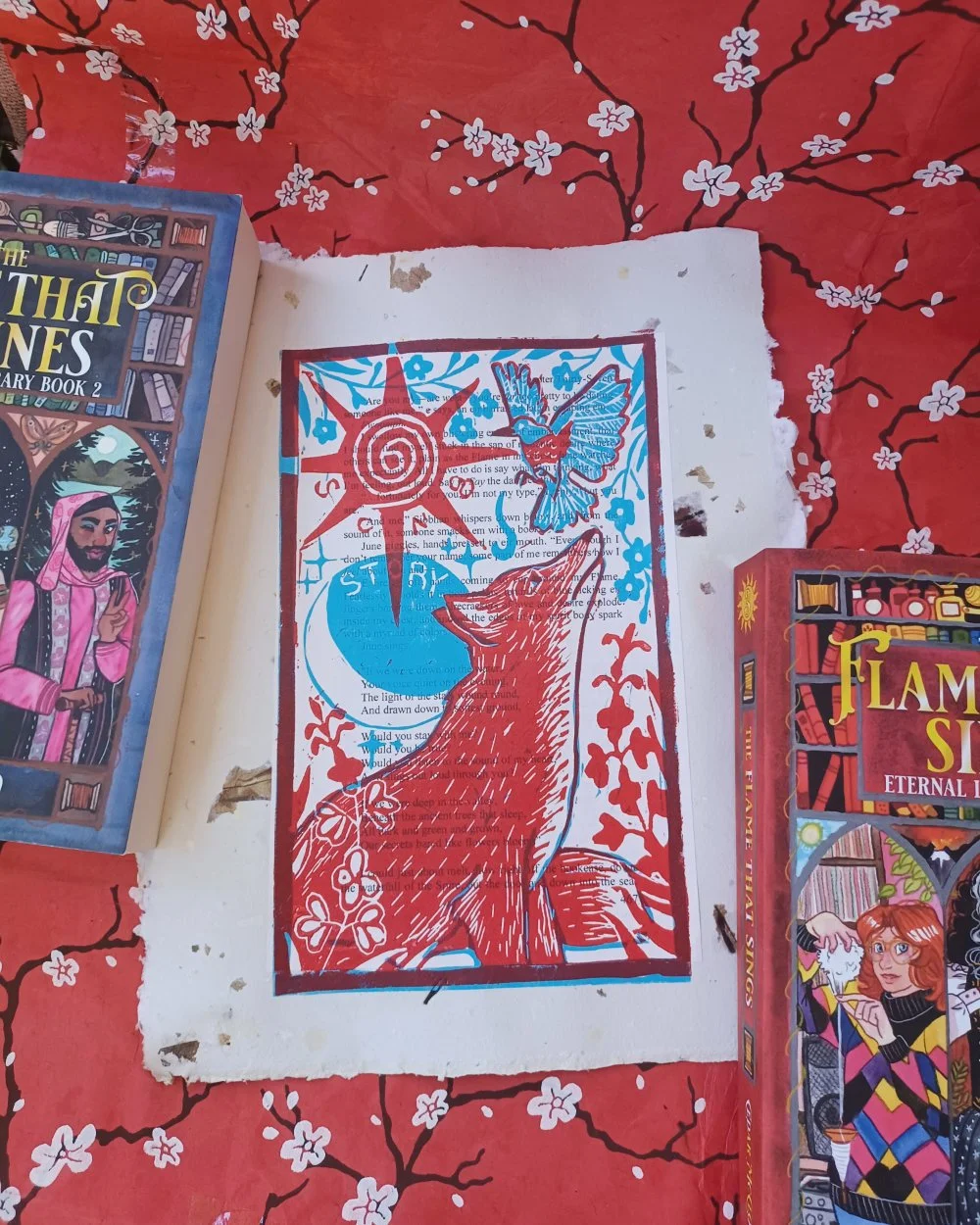 Fox & Bluebird Linocut Print