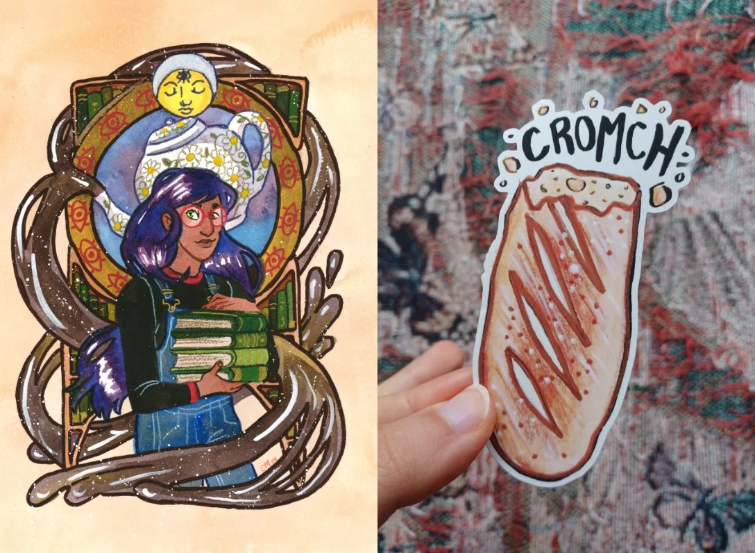 A postcard design featuring Rhiannon with books and a teapot, and a photo of a baguette sticker with the word "CROMCH" above it.