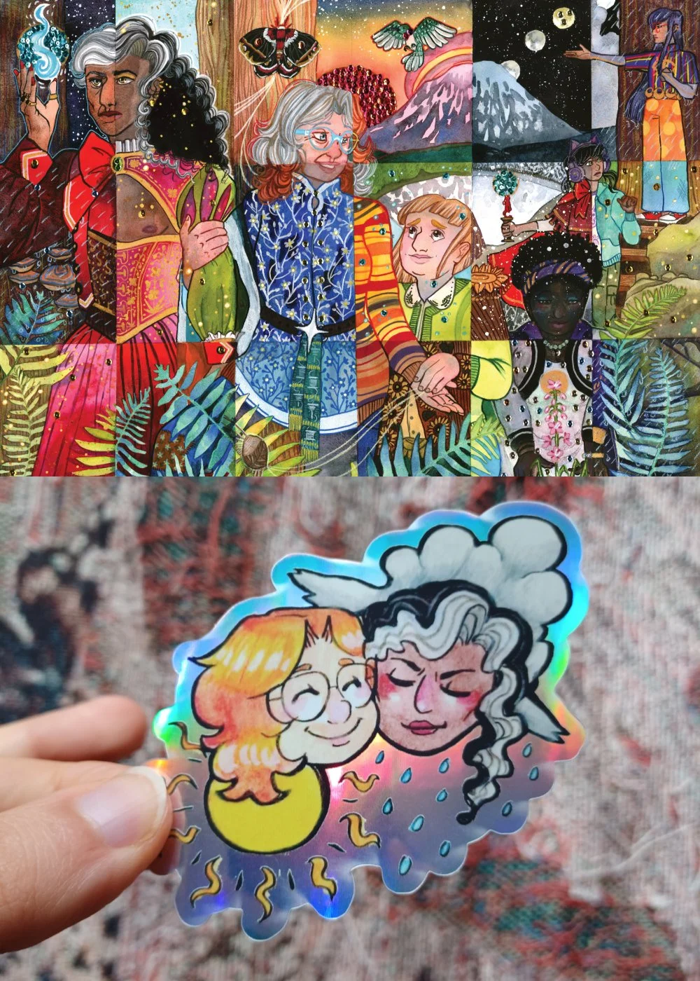 A postcard version of Cedar's "Time and Again" painting featuring the full Eternal Library cast, and a photo of a holographic sticker featuring cartoon June and Aeronwy with a sun and a storm cloud.