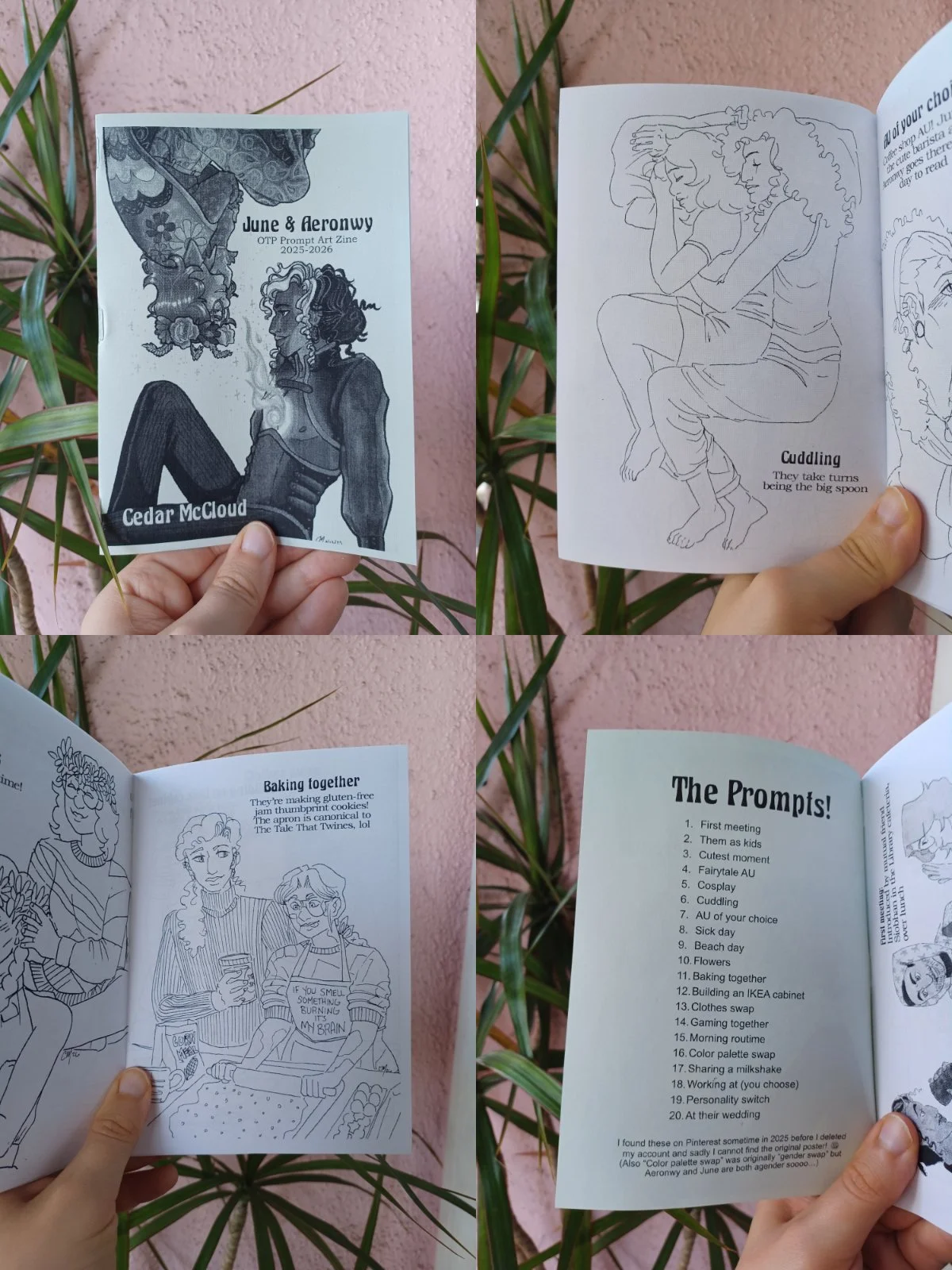 Four photos of the June & Aeronwy OTP prompt zine, showing various black and white drawing of the characters as a couple