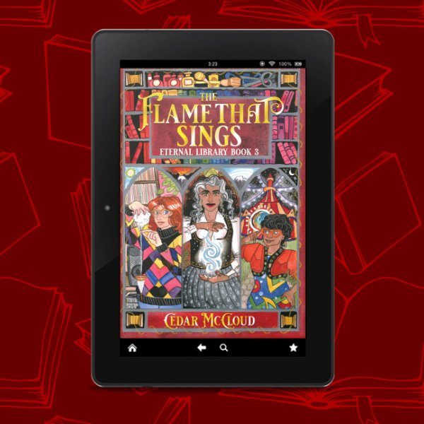 A mock-up of THE FLAME THAT SINGS cover on an e-reader on a red background