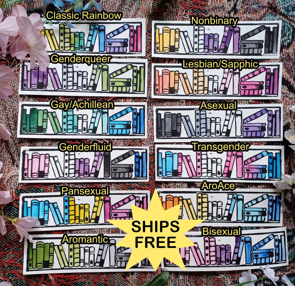 Pride Flag Bookshelf Linocut Bookmark