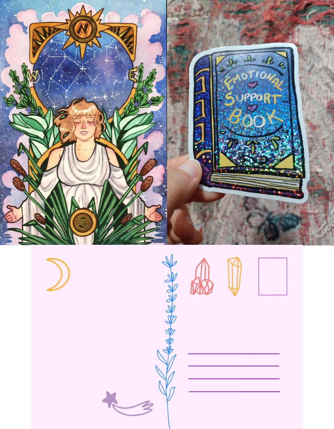 A postcard design featuring Tabby dreamwalking under starry skies, surrounded by herbs; a photograph of a sparkly sticker shaped like a purple book titled "Emotional Support Book"