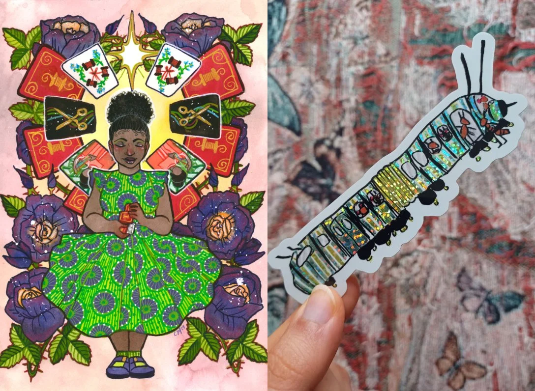 A postcard design featuring Amane surrounded by oracle cards, and a photo of a sparkly sticker that's a caterpillar bus with ant passengers.