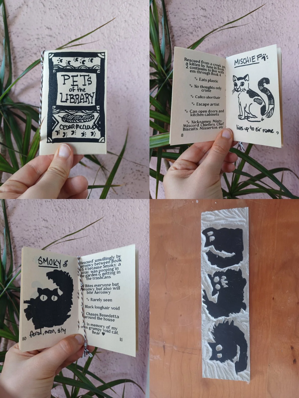 Three photos of the Pets of the Library handmade zine, featuring drawings and profiles of pets from the series; a photo of a carved lino block with three funny black cats on it