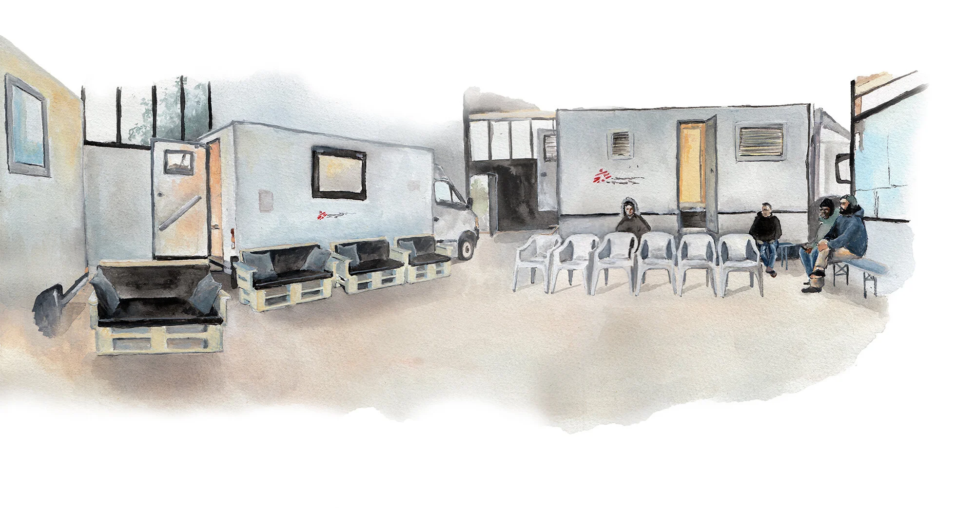 MSF clinic, Vial refugee camp on Chios Island / 2019 / watercolor on paper / 35.5 x 45.5 cm