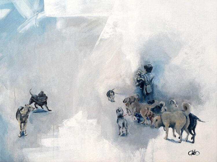 Perros callejeros vs. paseador de perros (stray dogs vs. dog sitter) / 2015 / acrylic on canvas / 60 x 80 cmSOLD