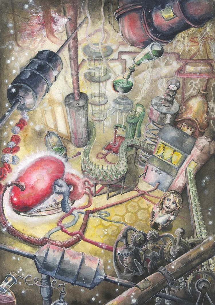 Molly at the laboratory / 2016 / acrylic and watercolor on paper / 29.7 x 21 cmMolly's Marvelous Journey