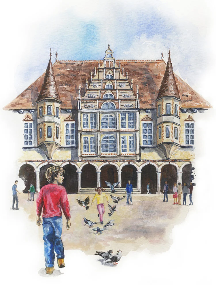 In front of the city hall / 2016 / acrylic and watercolor on paper / 29.7 x 21 cm