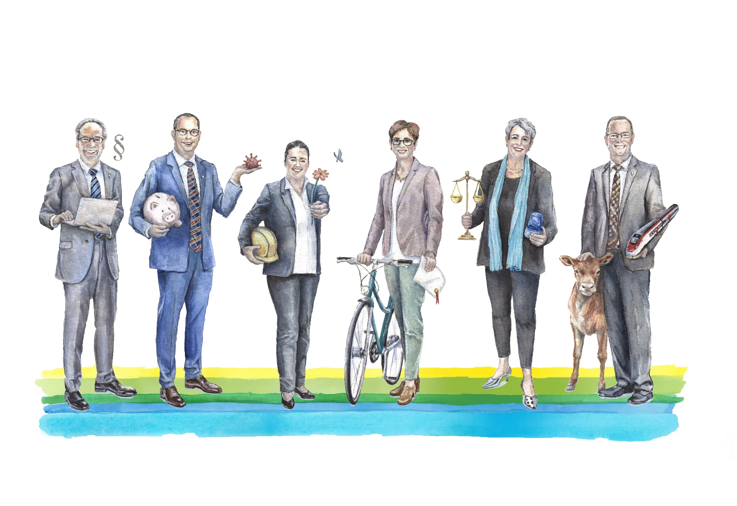 Der Thurgauer Regierungsrat 2021/2022 für einmal illustriert: (v.l.) Staatsschreiber Paul Roth, Urs Martin, Vizepräsidentin Carmen Haag, Regierungspräsidentin Monika Knill, Cornelia Komposch und Walter Schönholzer.2021 / Aquarell und Acryl auf Papier / 30.5 x 45.5 cm