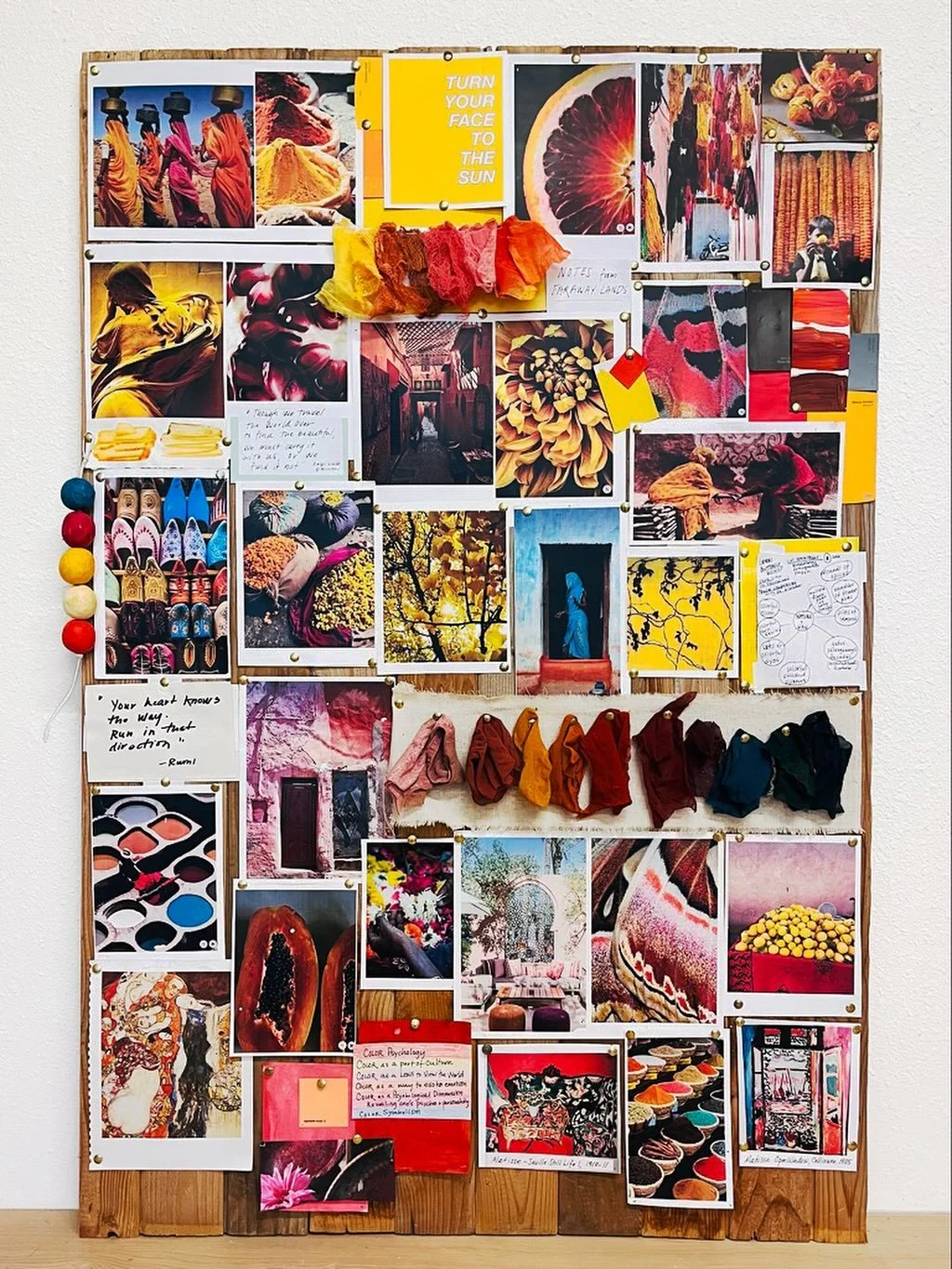 “The inspiration board included in the exhibit began as a supplemental studio tool—something to guide color palette, texture, and sense of place. But it grew into more than that: a visual reminder that people across cultures and eras have