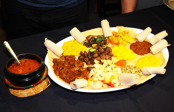 We got two big plates with injera, wots (think stews) and tibs (think boldly flavored stir fried beef, lamb or chicken).