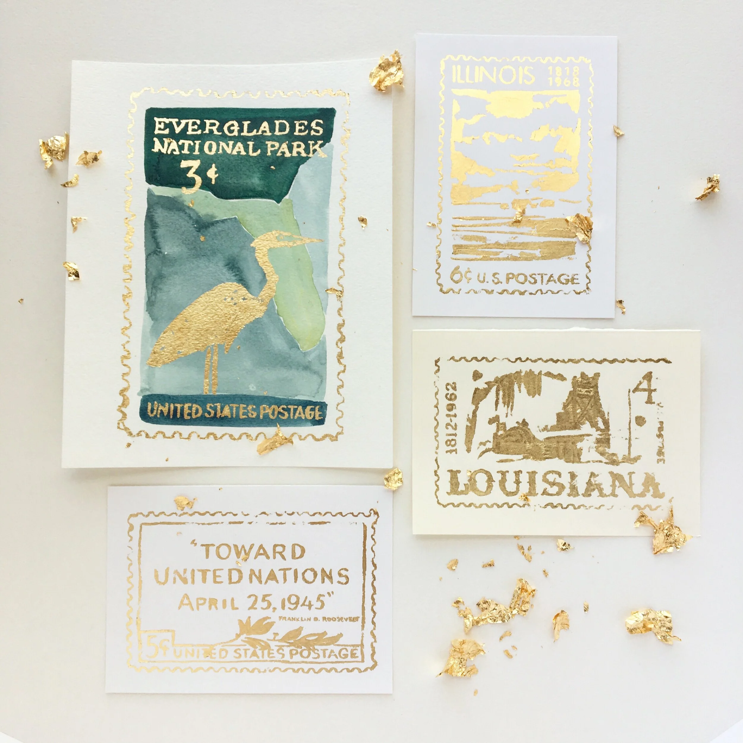  Vintage postage, enlarged and redrawn by hand in gold foil 