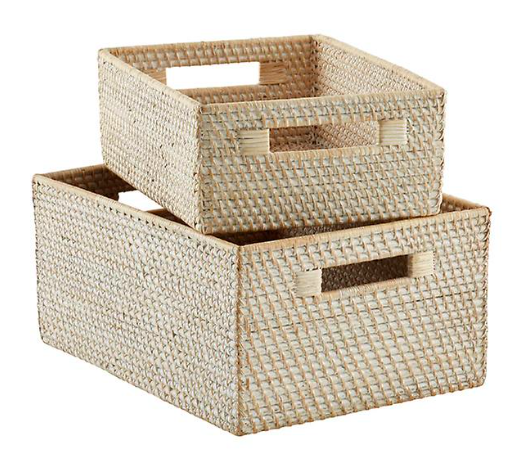 Whitewash Rattan Storage Bins with Handles