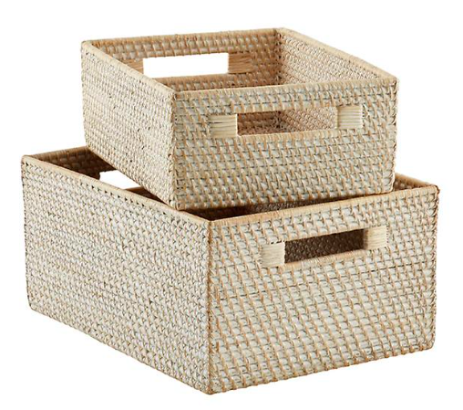 Whitewash Rattan Storage Bins with Handles