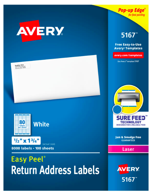 Avery® Easy Peel® Return Address Labels, Sure Feed™ Technology, Permanent Adhesive, 1/2" x 1-3/4", 8,000 Labels (5167)
