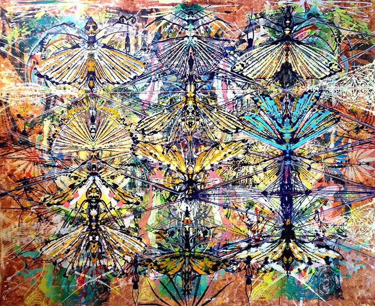   Mimicy , 2013 Acrylic &amp; glassine on canvas 76"x83" 