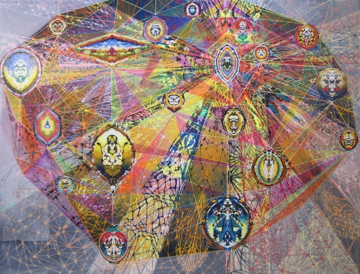   Family Web , 2013  Acrylic and glassine on canvas, 76"x98" 