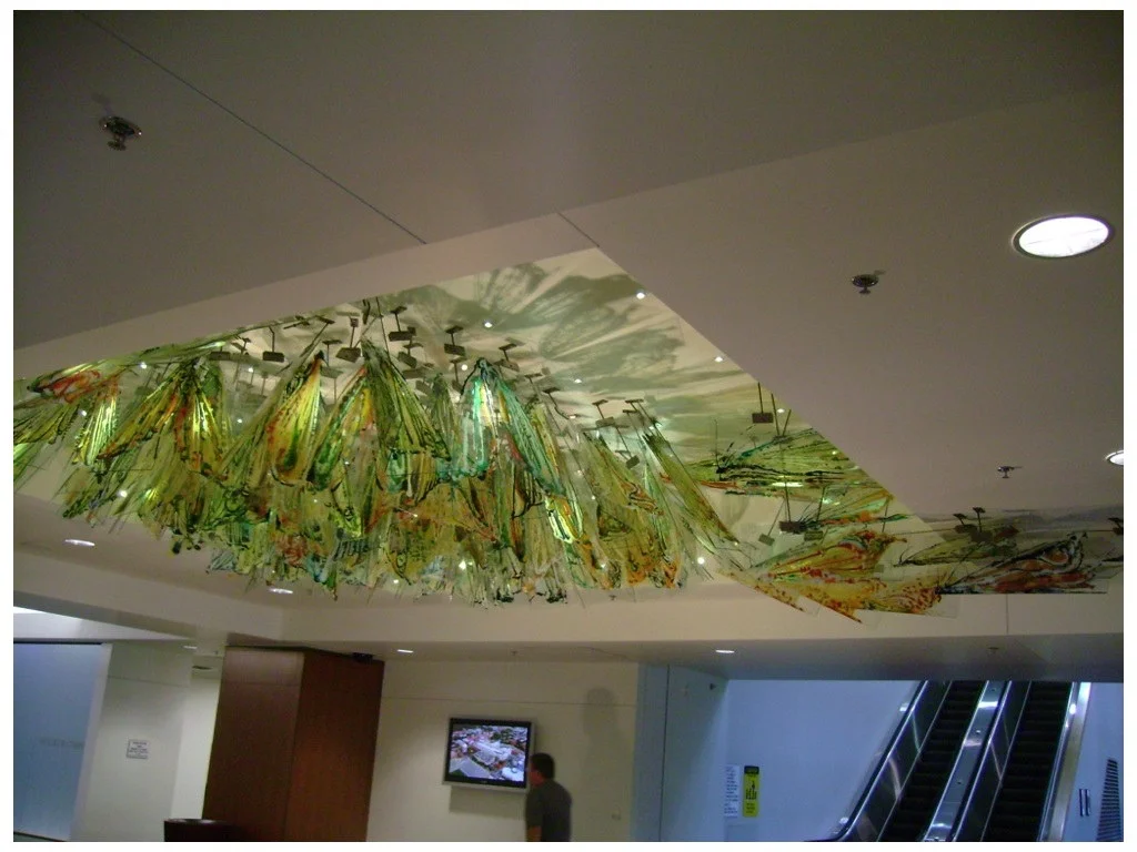      Migration, &nbsp;2007  Acrylic and enamel on tempered glass, steel rods, 48"x240"x240" 